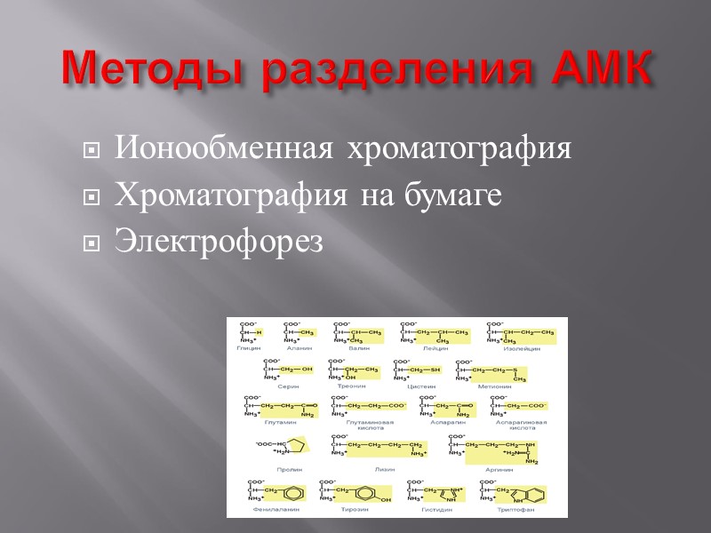 Методы разделения АМК Ионообменная хроматография Хроматография на бумаге Электрофорез